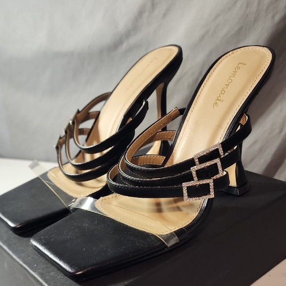 Lemonade Elegant Black Heels with Geometric Straps - Picture 1 of 8